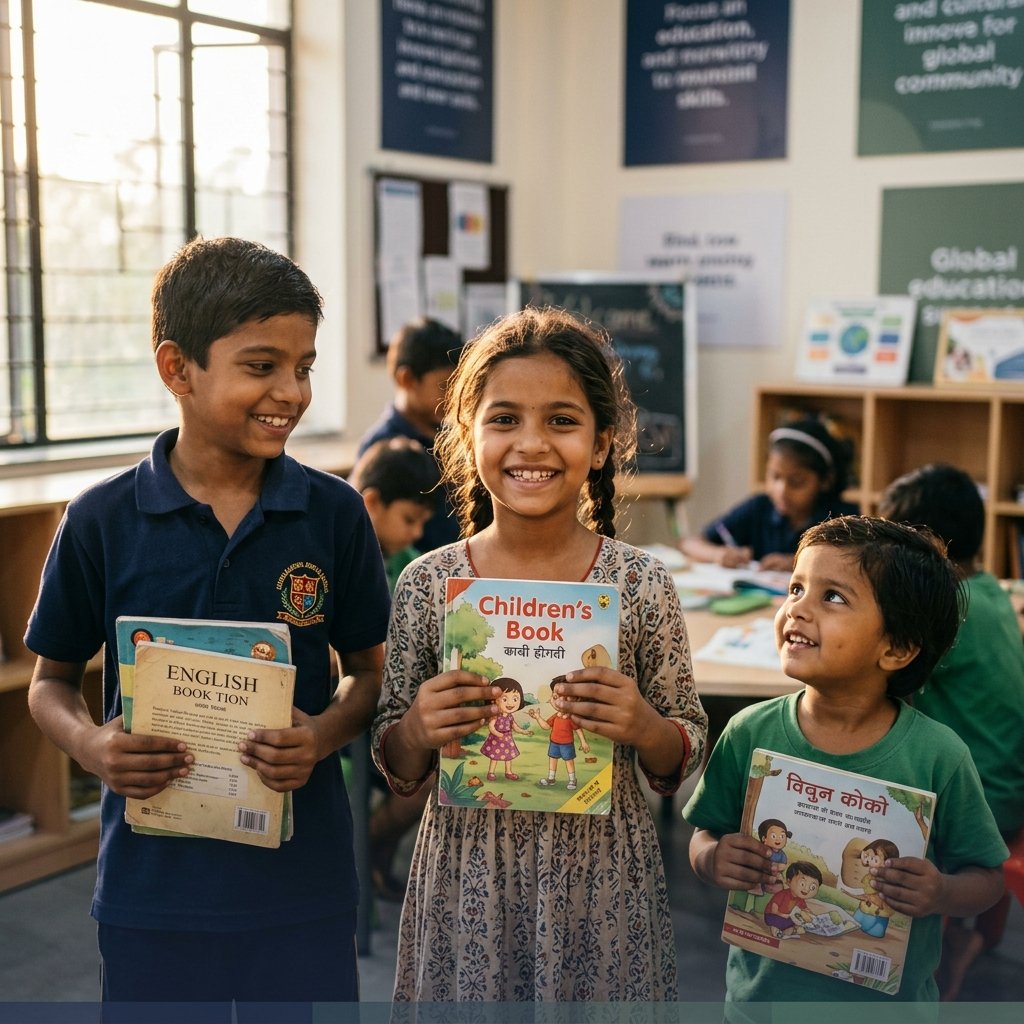 Hopeful children smiling with books